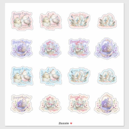 Sticker Pâques Bunnies Oiseaux Paniers Oeufs Mignons (Feuille)