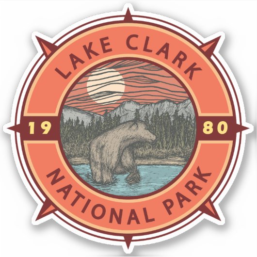 Sticker Parc national du lac Clark Brown Ours Rétro Compas (Devant)