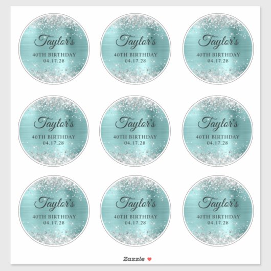 Sticker Parties scintillant Argent & Turquoise Cercle 40e  (Feuille)