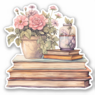 Sticker Pastel Aquarelle Fleurs et Livres