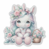 Sticker Pastel Kawaii Unicorn Doll with Flower Basket (Devant)