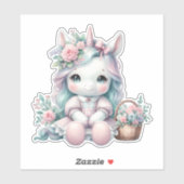 Sticker Pastel Kawaii Unicorn Doll with Flower Basket (Feuille)