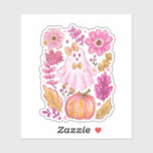 Sticker Pastel Pink Halloween Ghost with Flowers and Pumpk (Feuille)