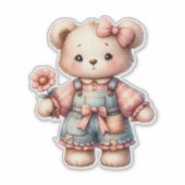 Sticker Pastel Teddy Bear Holding Flower Wear Overalls (Devant)