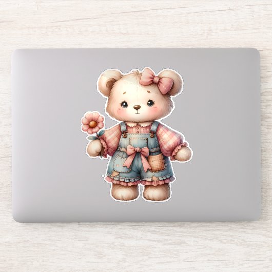 Sticker Pastel Teddy Bear Holding Flower Wear Overalls (Ordinateur)