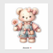 Sticker Pastel Teddy Bear Holding Flower Wear Overalls (Feuille)