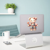Sticker Pastel Teddy Bear Holding Flower Wear Overalls (Ordinateur portable sur le bureau)