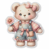 Sticker Pastel Teddy Bear Holding Flower Wear Overalls (Devant)