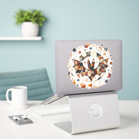 Sticker Patchwork Chat d'Halloween aux couleurs d'automne (Ordinateur portable sur le bureau)