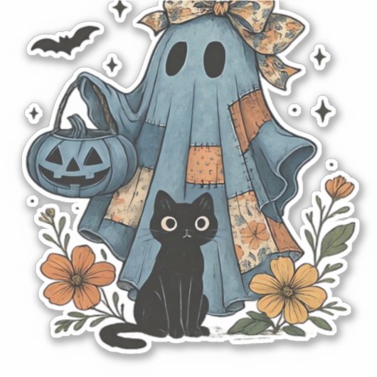 Sticker Patchwork Halloween Ghost noir Chat Essential T-Sh (Devant)