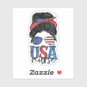 Sticker Patriotique USA Nurse avec Messy Bun