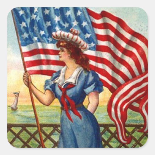 Sticker  Patriottische Dame USA Oude Glorie Vlag (Voorkant)