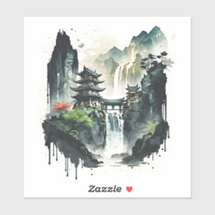 Sticker Paysage antique de l'encre chinoise avec cascade