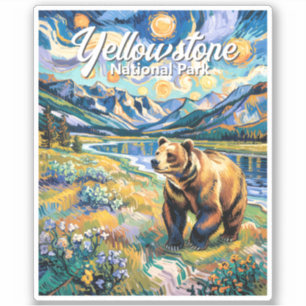 Sticker Paysage Coloré de Yellowstone Ours Animal Vintage