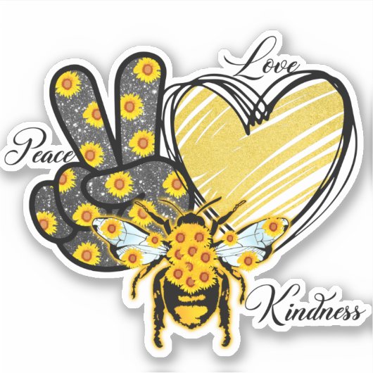 Sticker Peace Love Coeur Honeybee Gold Parties scintillant (Devant)
