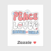 Sticker Peace Love et Harris Walz Retro Hippie Style (Feuille)