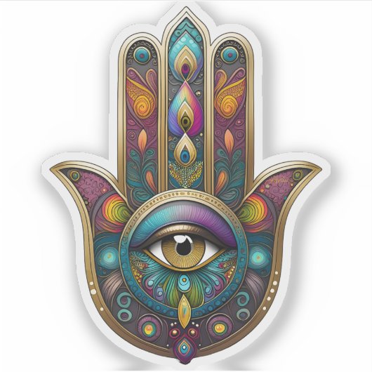 Sticker Peacock Colors Hamsa w/ Gold Third Eye (Devant)