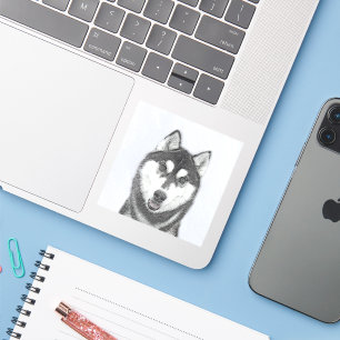 Sticker Peinture de chien Husky sibérien (noir et blanc) A