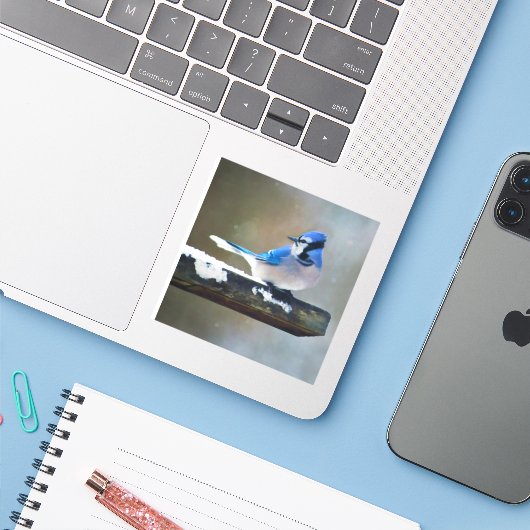 Sticker Peinture Jay Bleu - Art Oiseau Original (Ordinateur portable avec iPhone)