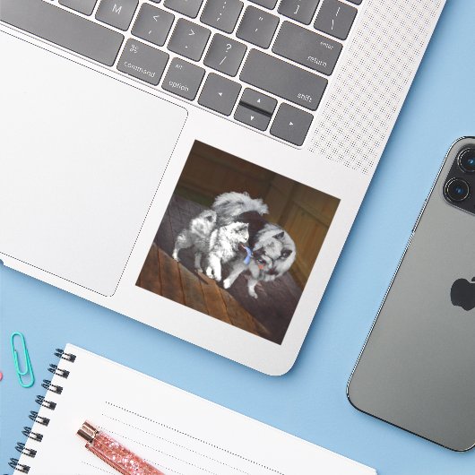 Sticker Peinture Keeshond Playtime - Jolie art original ch (Ordinateur portable avec iPhone)