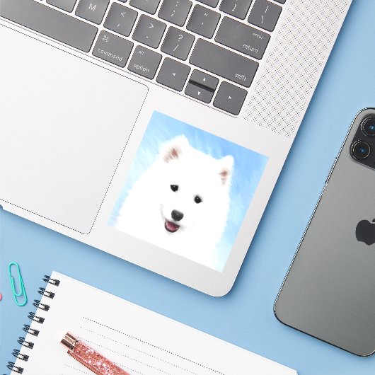 Sticker Peinture Samoyed Puppy - Jolie Art Original Chien (Ordinateur portable avec iPhone)