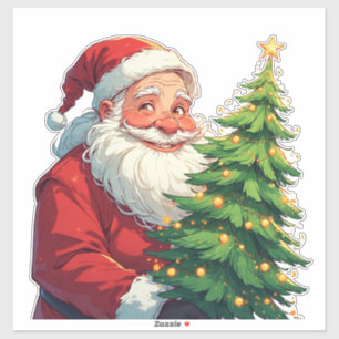 Sticker Père Noël festif tenant un arbre de Noël