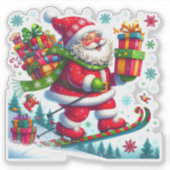 Sticker Père Noël Joyeusement Ski Avec Cadeaux (Devant)