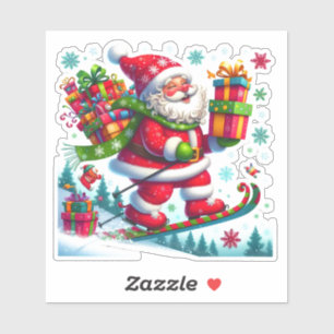 Sticker Père Noël Joyeusement Ski Avec Cadeaux