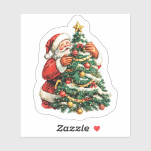 Sticker Père Noël joyeux décorant un arbre de Noël festif