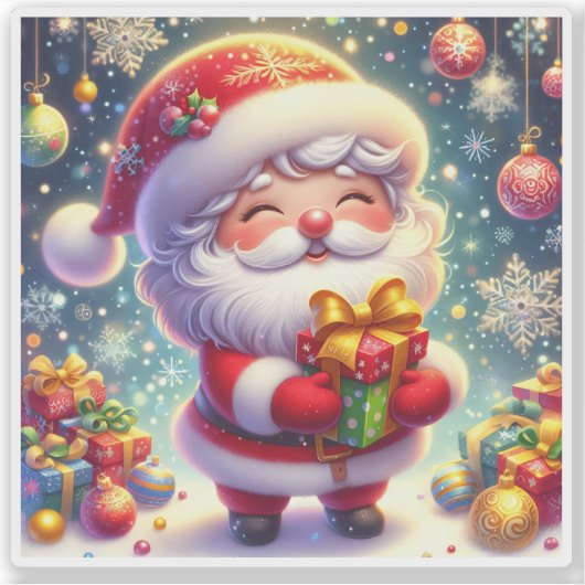 Sticker Père Noël joyeux tenant un cadeau dans un cadre fe (Devant)