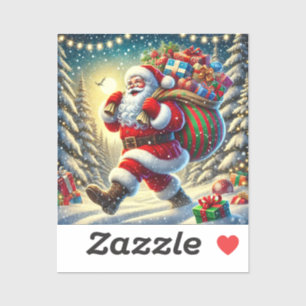 Sticker Père Noël livrant des cadeaux dans un Noël enneigé