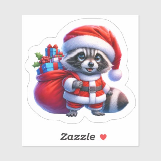 Sticker Père Noël Raccoon Avec Cadeaux De Noël (Feuille)