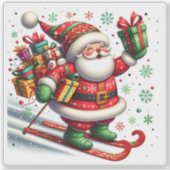 Sticker Père Noël Ski Tout En Livrant Des Cadeaux (Devant)
