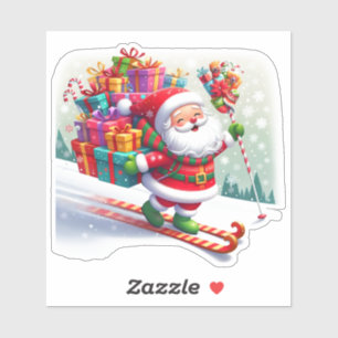 Sticker Père Noël skiant avec des cadeaux sur une pente en