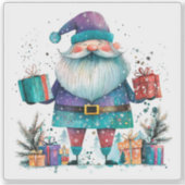 Sticker Père Noël Violet Avec des Cadeaux en Hiver (Devant)