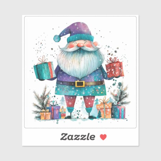 Sticker Père Noël Violet Avec des Cadeaux en Hiver (Feuille)