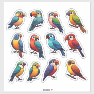 Sticker Perroquets Tropicaux Mignons Oiseaux de Dessin Ani