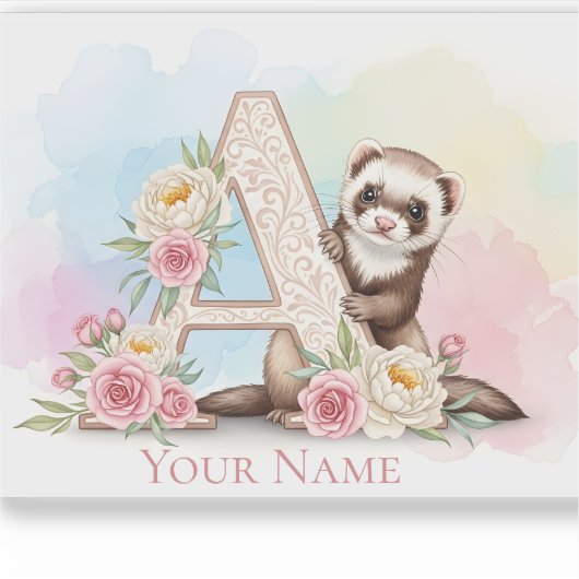 Sticker Personalized Floral Monogram 'A' with Cute Ferret  (Devant)