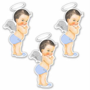Sticker Petit ange bébé garçon ailes argentées bleu clair 