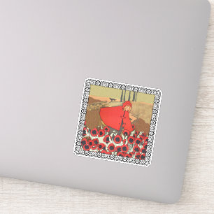Sticker Petit Chaperon Rouge Champ Coquelicots Loup Cadre
