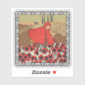 Sticker Petit Chaperon Rouge Champ Coquelicots Loup Cadre (Feuille)