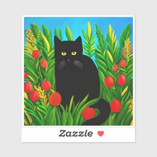 Sticker Petit chat noir dans un jardin de tulipes (Feuille)
