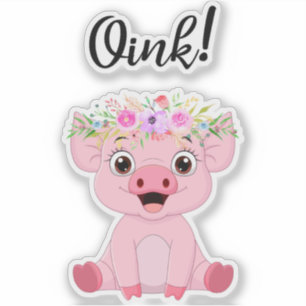 Sticker Petit cochon mignon à couronne florale
