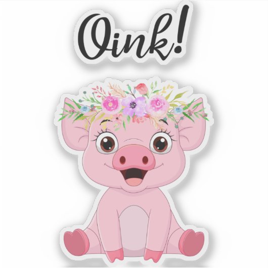 Sticker Petit cochon mignon à couronne florale (Devant)
