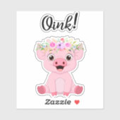 Sticker Petit cochon mignon à couronne florale (Feuille)