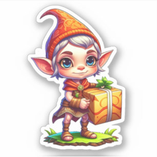 Sticker Petit Elfe Mignon Tenant un Cadeau de Noël