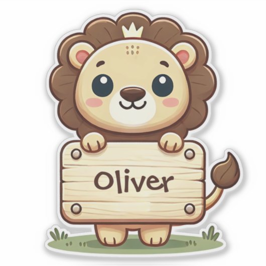 Sticker Petit lion mignon avec un panneau de nom (Devant)
