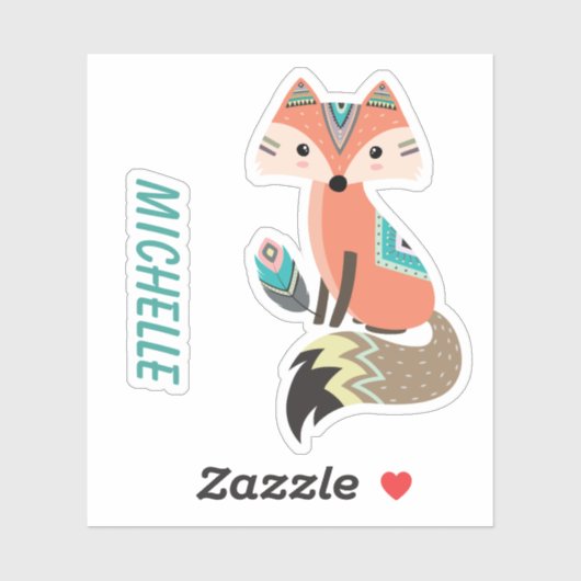 Sticker Petit renard tribal rouge avec plume (Feuille)