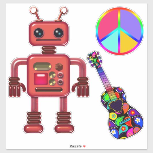 Sticker Petit robot avec signe de paix et de guitare (Feuille)