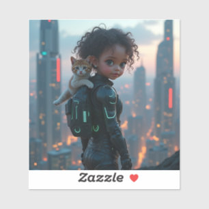 Sticker petite fille afro-américaine avec un chaton